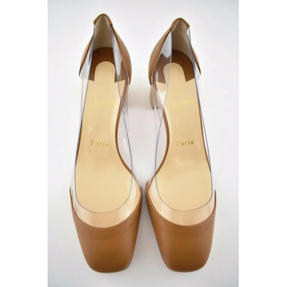 Christian Louboutin Grandola 55 Brown Leather PVC Bois Block Heel Sandal Pump 37 - Picture 7 of 12